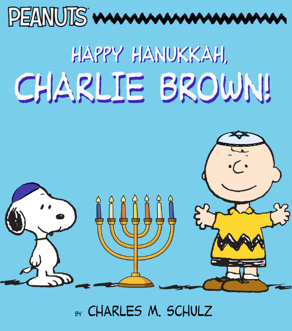 The book
has a light-blue background, with Snoopy and Charlie Brown wearing yarmulkes and looking at a menorah. The title is 'Happy
Hanukkah, Charlie Brown!