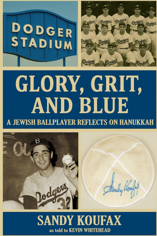 The book
shows somewhat old black and white photos of the Dodger Stadium sign, the Dodgers as a team, Sandy Koufax holding a baseball, and
a yarmulke signed by Sandy Koufax. The title is 'Glory, Grit and Blue: A Jewish Player Reflects on Hanukkah.