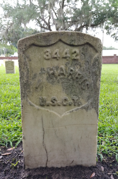 A very old, Civil War-era-style headstone,
bears only the number 3442, the name '_ HARRIS' and 'U.S.C.T.'