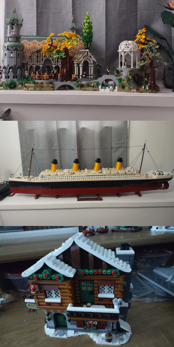 Rivendell (which looks like a gothic church),
a large replica of the Titanic, and a smallish winter cottage