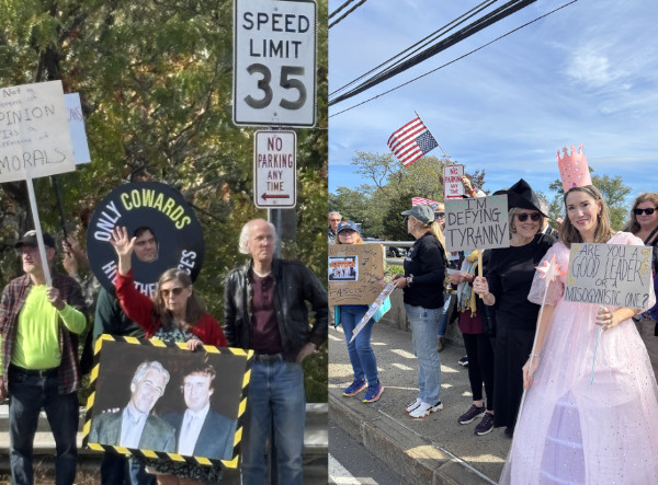 Many signs,
one has a cutout in the center so it's framing the person's face and says 'Only Cowards Hide Their Faces.'
There is also a woman in a princess costume holding a sign that says 'Are you a good leader or a misogynistic
one?