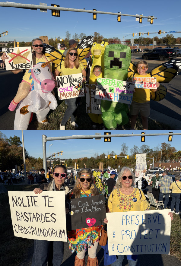 One picture has
people in inflatable costumes with No Kings signs; the other has women in hippie clothing carrying signs that say
'NOLITE TE BASTARDES CARBORUNDORUM,' 'You Can't Arrest an Idea, Man' and 'PRESERVE AND PROTECT THE CONSTITUTION'