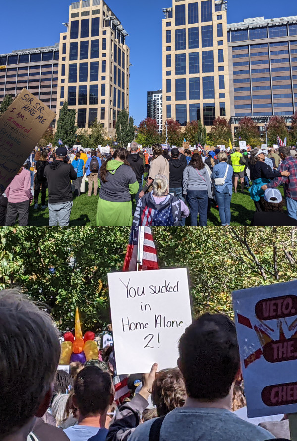 Big crowd and a 
sign that says 'You Sucked in Home Alone 2'