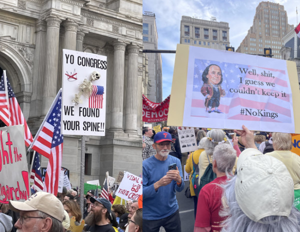 One sign says
'YO CONGRESS WE FOUND YOUR SPINE!' and has a plastic skeleton attached; another has a picture of Ben Franklin and
says 'Well, shit, I guess we couldn't keep it. #NoKings'