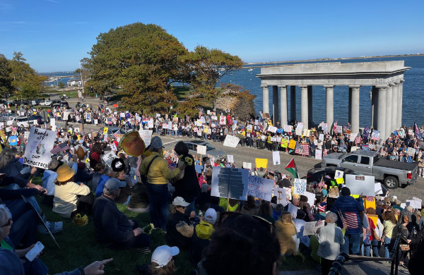 A large crowd 
lines both sides of a street, behind them is Plymouth Rock