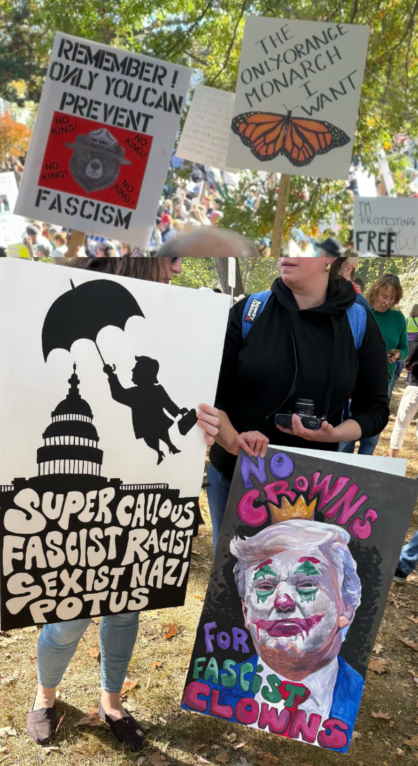 One sign says 'THE
ONLY ORANGE MONARCH I WANT' and has a picture of a butterfly, a second says 'REMEMBER! ONLY YOU CAN PREVENT FASCISM' and
has a picture of Smokey the Bear, a third says 'SUPER CALLOUS FASCIST RACIST SEXIST NAZI POTUS' and has a silhouette of
Donald Trump holding an umbrella and floating along like in the movie 'Mary Poppins' and a fourth has Donald Trump as
the Joker and says 'No Crowns for Fascist Clowns'