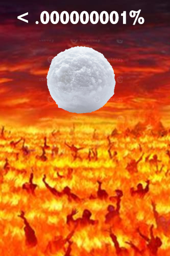 A lake of fire with
people writhing; above that a ball of snow; above that the phrase 'less than .00000000001%'