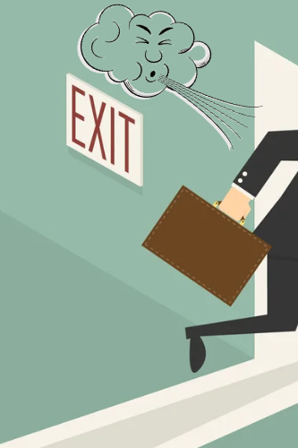 A man walking through a 
door with an exit sign; a cloud appears to be blowing air in his direction