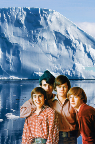 An iceberg and very cold
lake in the background, the rock band the Monkees in the foreground