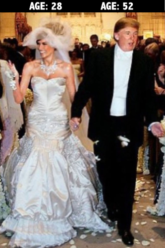 It shows Melania and Donald Trump getting married, and notes she was 28 and he was 52