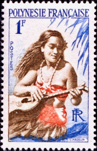 It says 'Polynesie 
Francaise, 1 Franc' and has a drawing of a Polynesian woman in native clothing playing a guitar of some sort