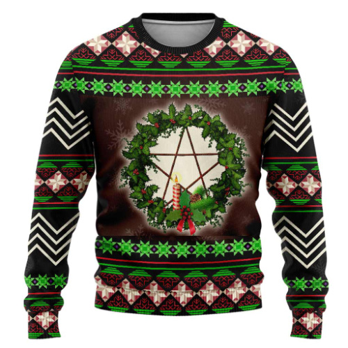 Brown background, decorative elements in green that look like Maltese Crosses, a wreath at the center, and a pentagram within the wreath