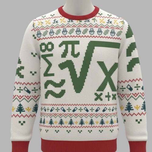 Cream background, red trim, a bunch of winter symbols like snowmen and santas, and on the chest are a half-dozen GIANT math symbols, like square root and infinity