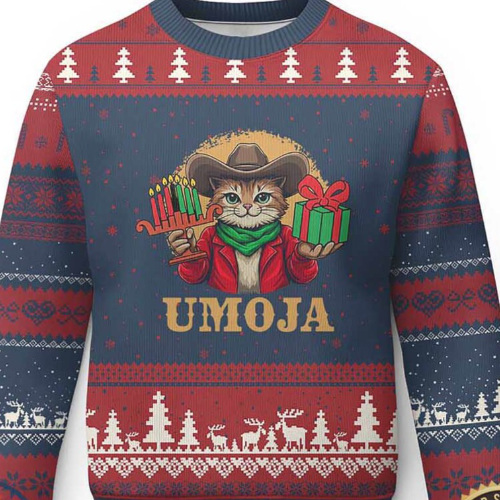 Blue and red background, various winter decorations, and the center is a cat in a cowboy costume holding gifts, with the word 'UMOJA' underneath