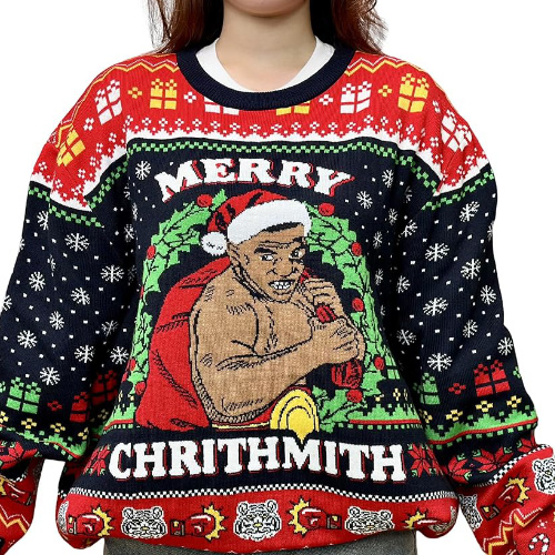 A figure that looks like Mike Tyson, carrying a bag of gifts, and the caption 'MERRY CHRITHMITH'