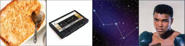 A dish with a casserole
and spoon, an old 8-track tape, a constellation that looks like a 'W' and a young Black boxer