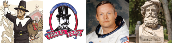 A pilgrim
waving, Phileas Fogg, an astronaut and a bust of Marco Polo