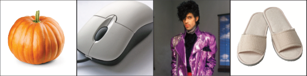 A pumpkin,
a computer mouse, the singer Prince and a pair of bathroom slippers