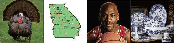 A turkey,
a map of a U.S. state, Michael Jordan and some fancy dishes