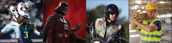 Two football
players, Darth Vader, a man on a motorcycle, a construction worker