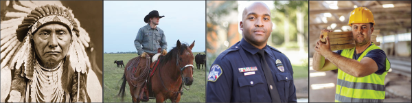 A Native American,
a man on a horse, a police officer and a construction worker