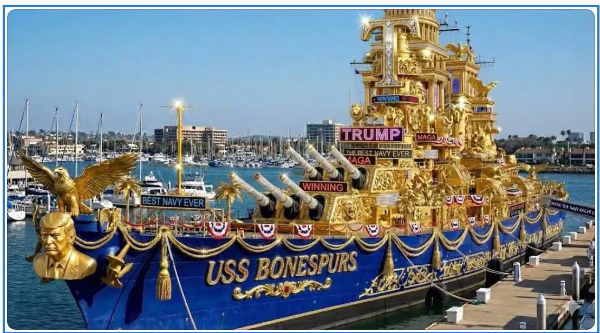 A golden battleship decked
out with all kinds of Trump bling, including a golden Trump figurehead, a diamond T on the bridge, and gold patterning on the hull