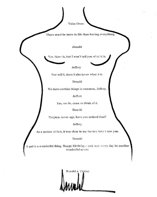 The words are broken
up into 16 lines. There are outlines around them suggesting a naked body. At the bottom it is signed 'Donald'