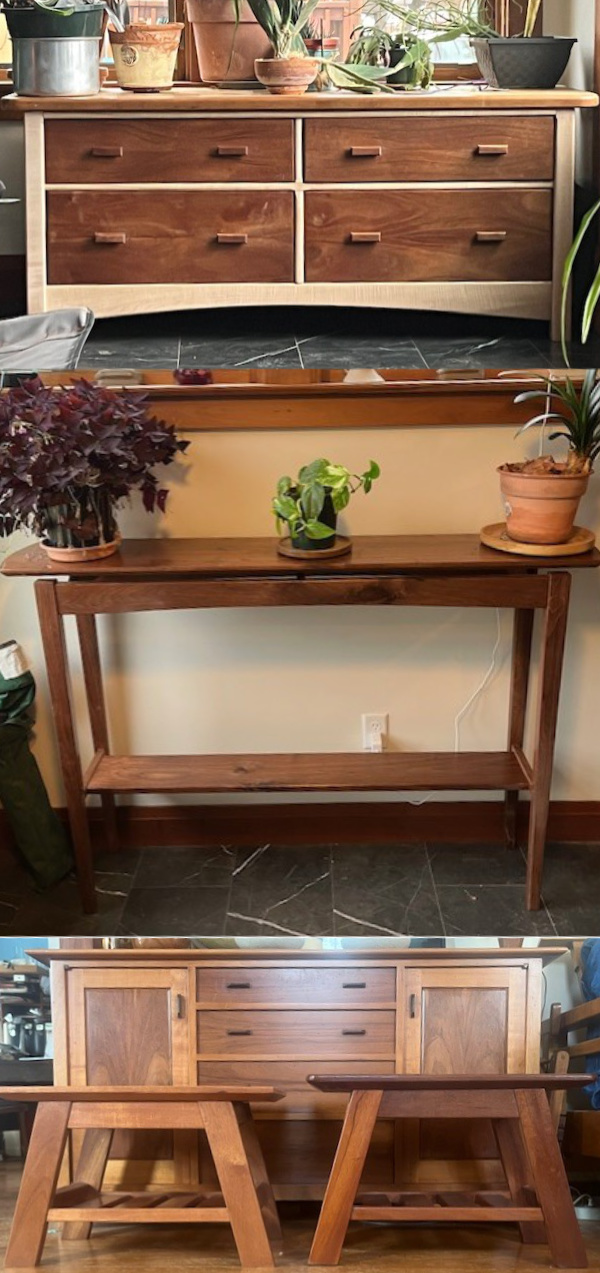 A bureau, a side table, another 
bureau and some stools. They are very well done and are in what I would call midcentury modern style.