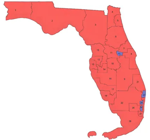 Florida is a sea of red,
but for four small, blue splotches. That means that there would be four Democratic districts, all of them centered on urban centers.
Three of them appear to be east Miami, the other appears to be in Jacksonville.