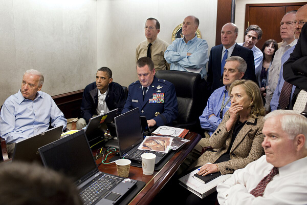 Barack Obama, Hillary Clinton,
Joe Biden and others look on as the bin Laden operation is underway