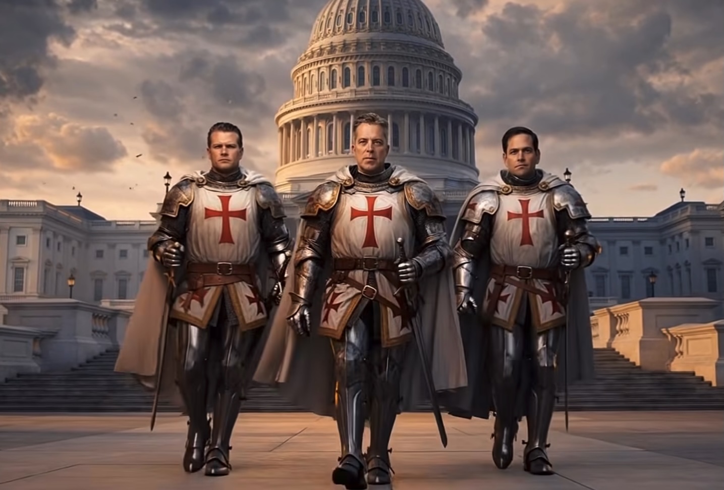Andy Ogles, Pete Hegseth and Marco Rubio
dressed as crusaders, and walking in front of the Capitol