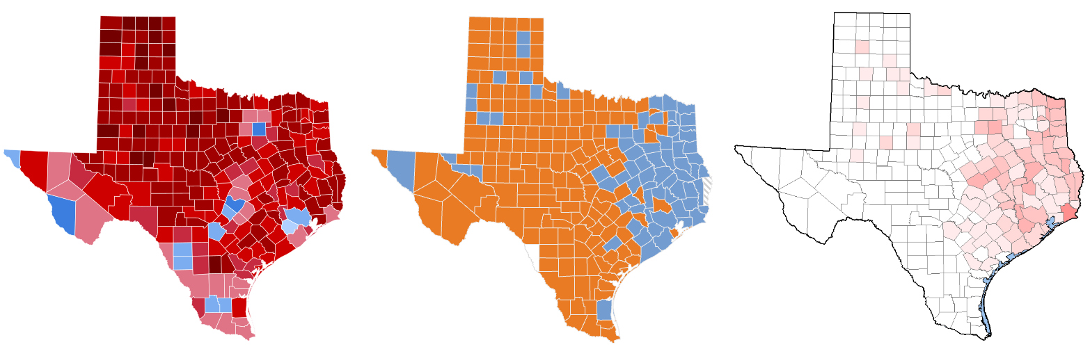 Three maps of Texas; the north and east parts have
the most Trumpy counties, the most Crockett-y counties, and the most Black counties