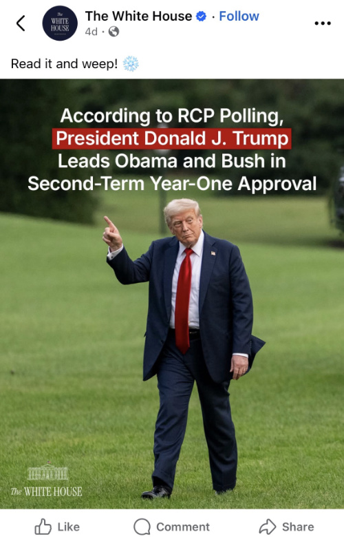 A tweet says that
'According to RCP Polling, President Donald J. Trump Leads Obama and Bush in Second-Term Year-One Approval'