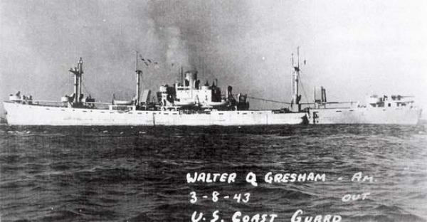 A photo of the ship, sailing 
into port, and it is labeled 'Walter Q. Gresham, 3-8-43, U.S. Coast Guard