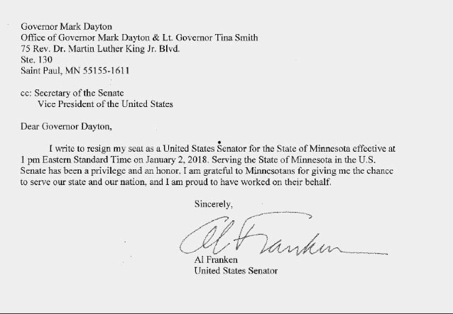 Franken's resignation letter