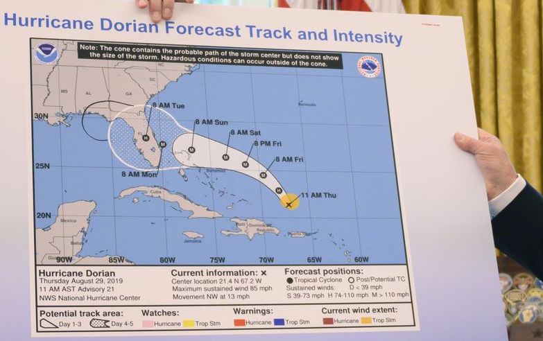 Someone has drawn a black mark on the map
that extends the otherwise white outline of the hurricane's path. One can hardly imagine something more amateurish.