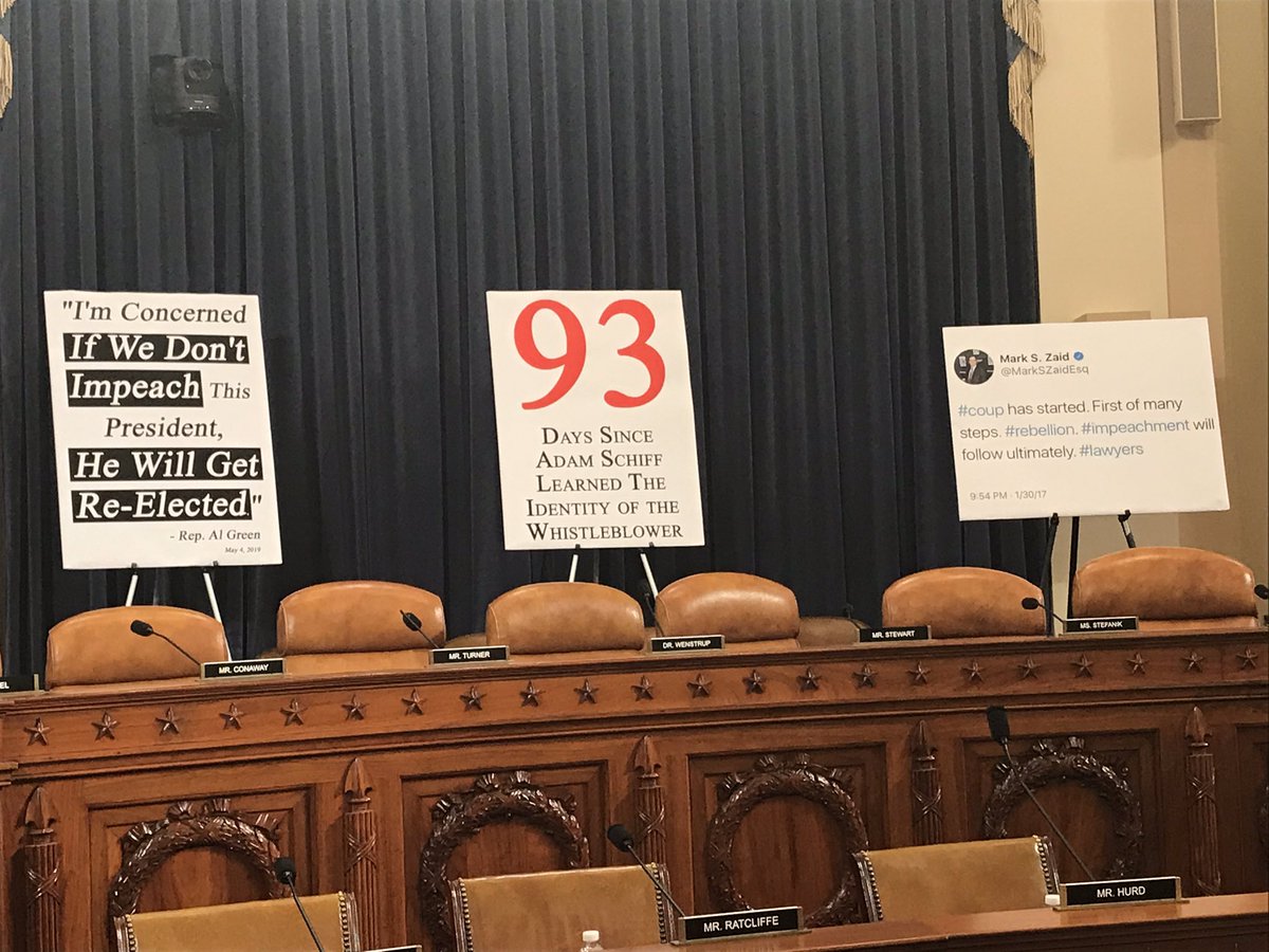 A bunch of obviously partisan posters on
tripods, like one that says Adam Schiff has known the identity of the whistleblower for 93 days.