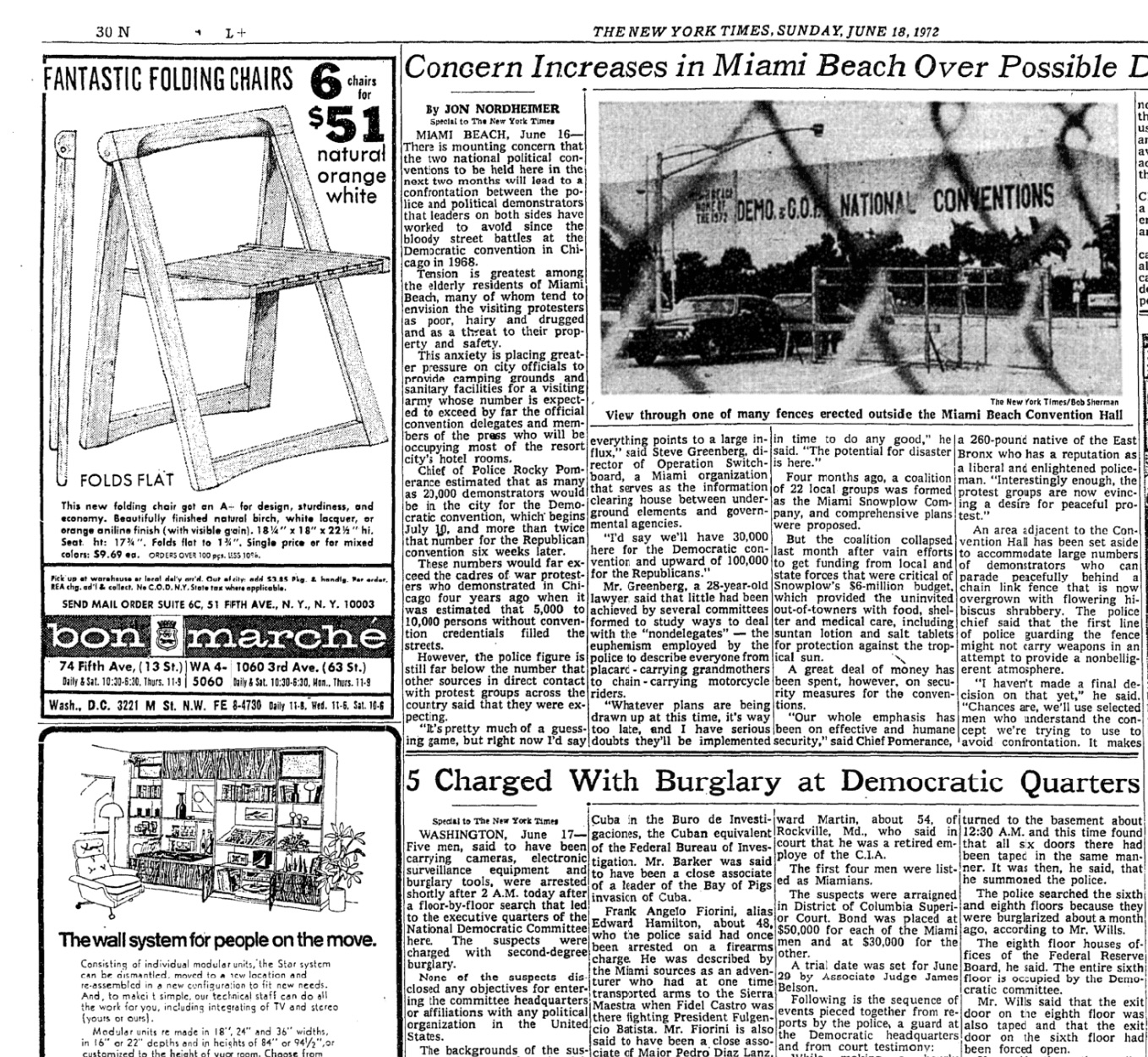 The story, headlined '5 charged with
burglary at Democratic headquarters,' isn't even the top story on Page 30; an item about possible violence at the parties'
national conventions in Miami Beach is placed higher