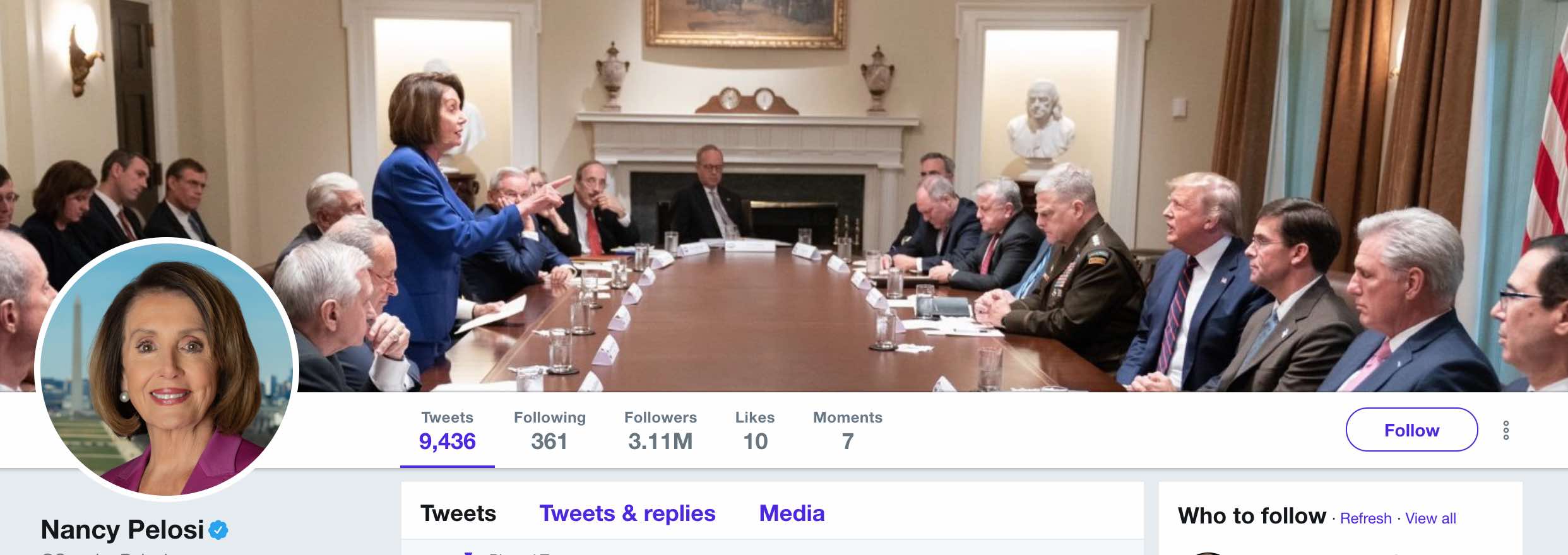 Pelosi's Twitter account
shows her standing at a table in the White House and speaking; not remotely a meltdown.