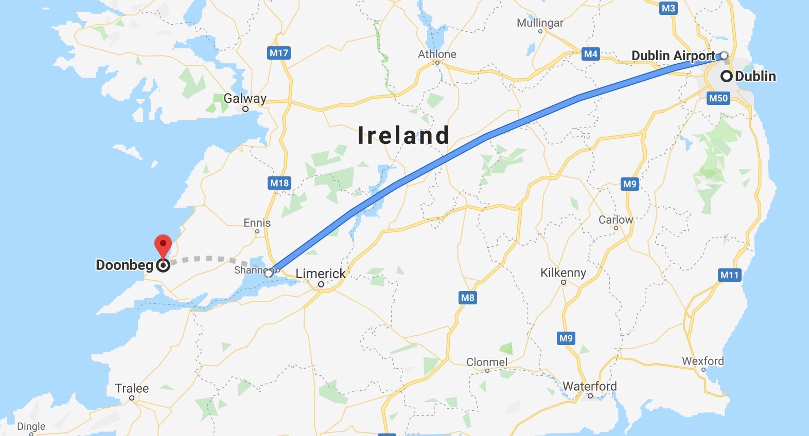 The drive from Doonbeg
to Shannon airport is short but curvy, and that's followed by a straight-shot flight to Dublin.