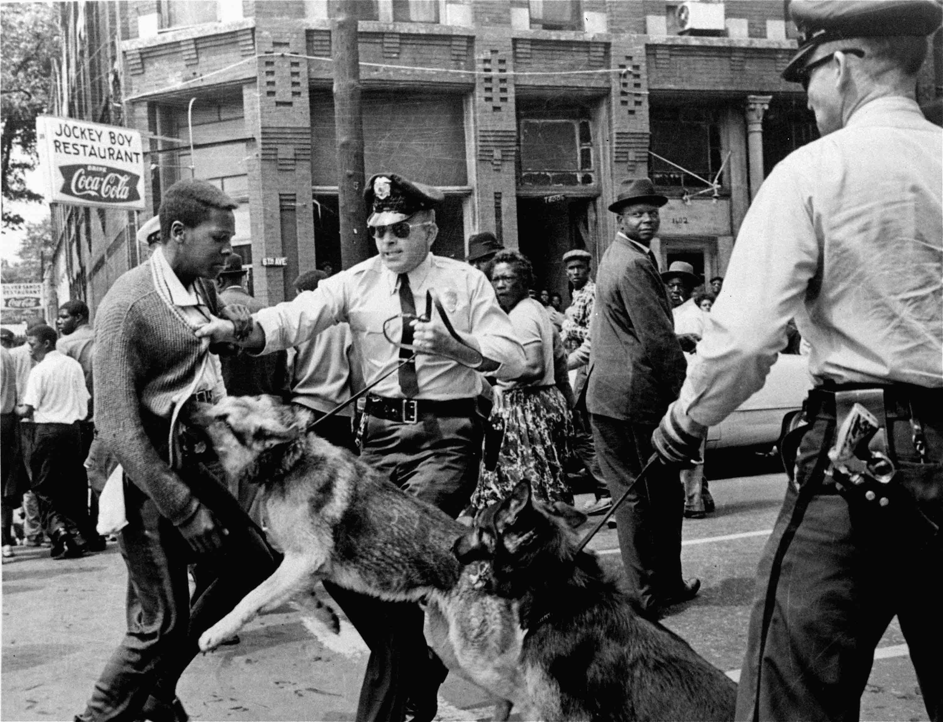 Several police sic German
shepherds on a high-school-age black man