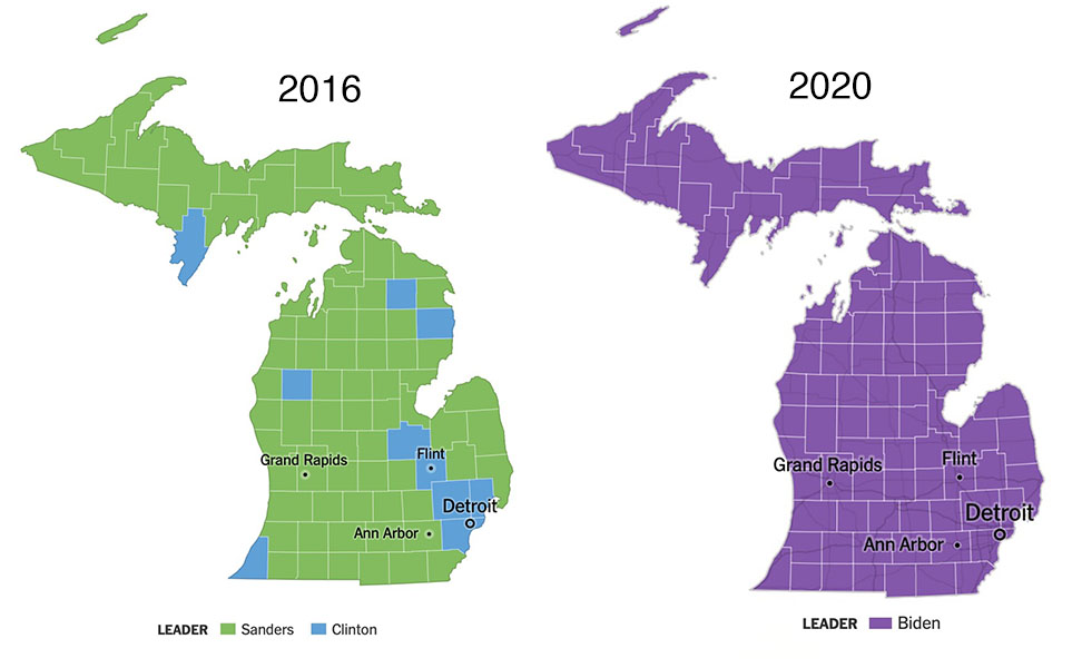 County-level primary map; in 2016 Clinton
took 10 counties, mostly near Detroit, and Sanders took 73. In 2020, Biden took all 83.