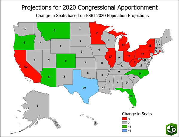 California, Minnesota, Illinois,
Michigan, Ohio, West Virginia, Pennsylvania, New York, and Rhode Island will lose one seat; Arizona, Colorado, Montana, Oregon, Florida,
and North Carolina will gain one seat; and Texas will gain three seats.