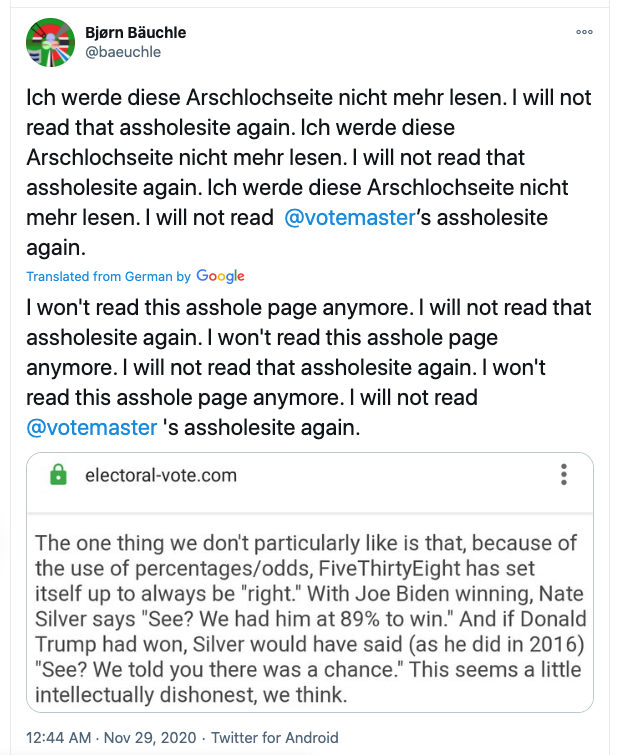 The original tweet was 
written in German, but the Google translation suggests it makes liberal use of the phrase 'asshole site,' which
probably makes more sense in the original language