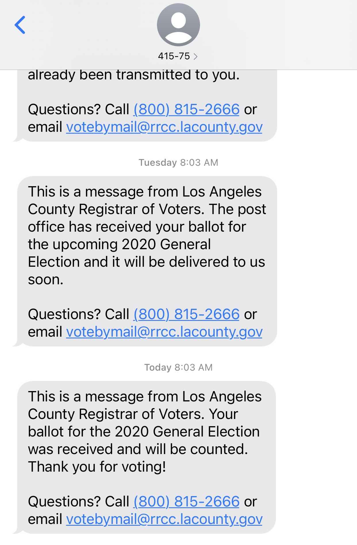 A series of text messages confirming
receipt and processing of this voter's mail-in-ballot