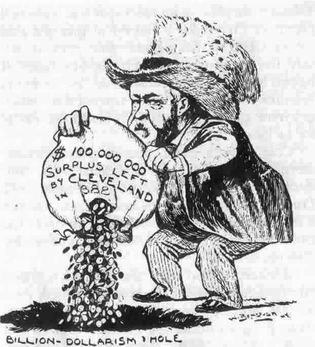 The cartoon shows Benjamin
Harrison dumping a bag labeled '$100 million surplus left by Grover Cleveland' into a hole labeled 'billion dollars in the
hole'.