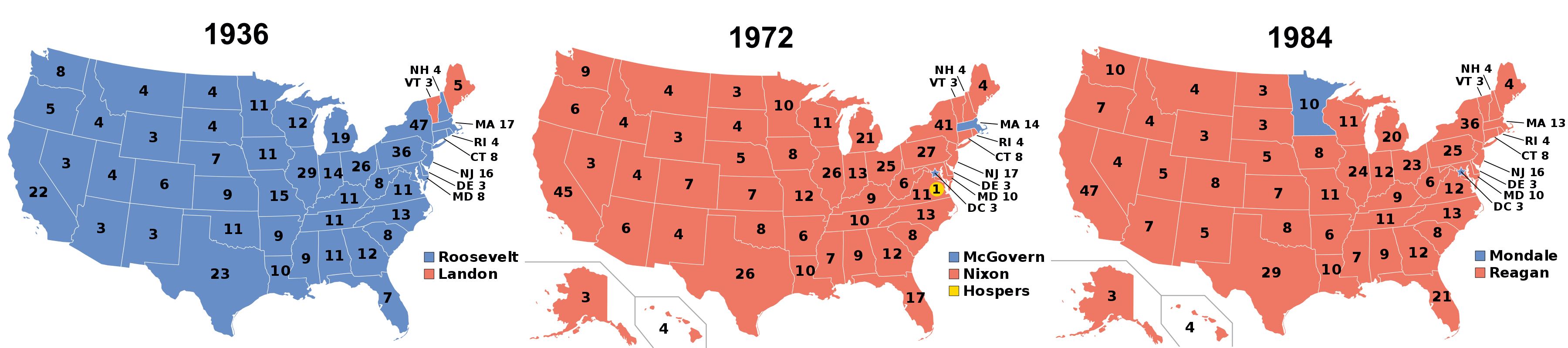 FDR lost just two states (VT and ME) in 
1936; Nison lost just one state (MA) plus DC in 1972; Reagan lost just one state (MN) plus DC in 1984