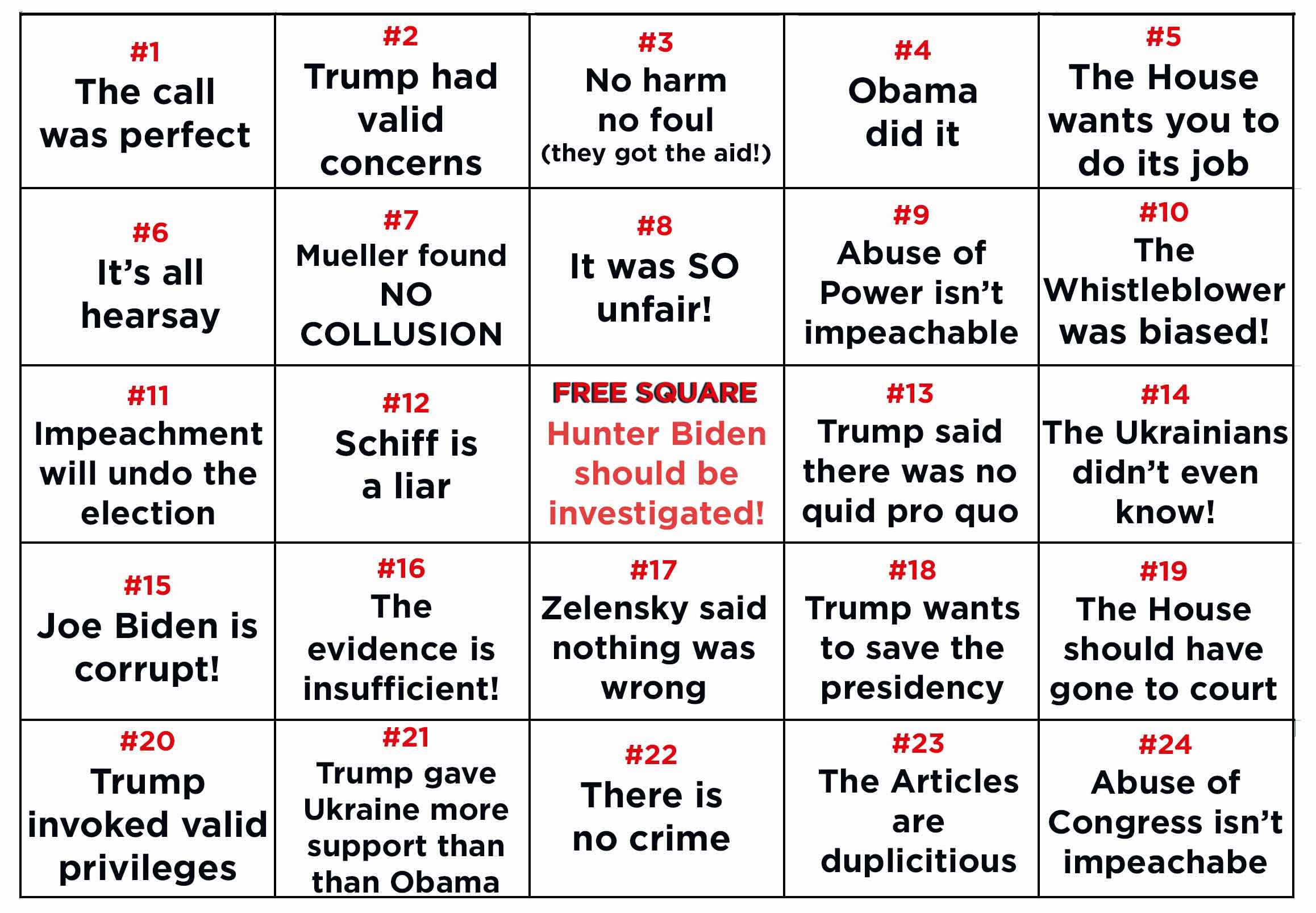 It's a 5x5 card, with items such as 
'It's all hearsay,' 'They got the aid,' 'Obama did it,' and 'The House should have gone to court.'