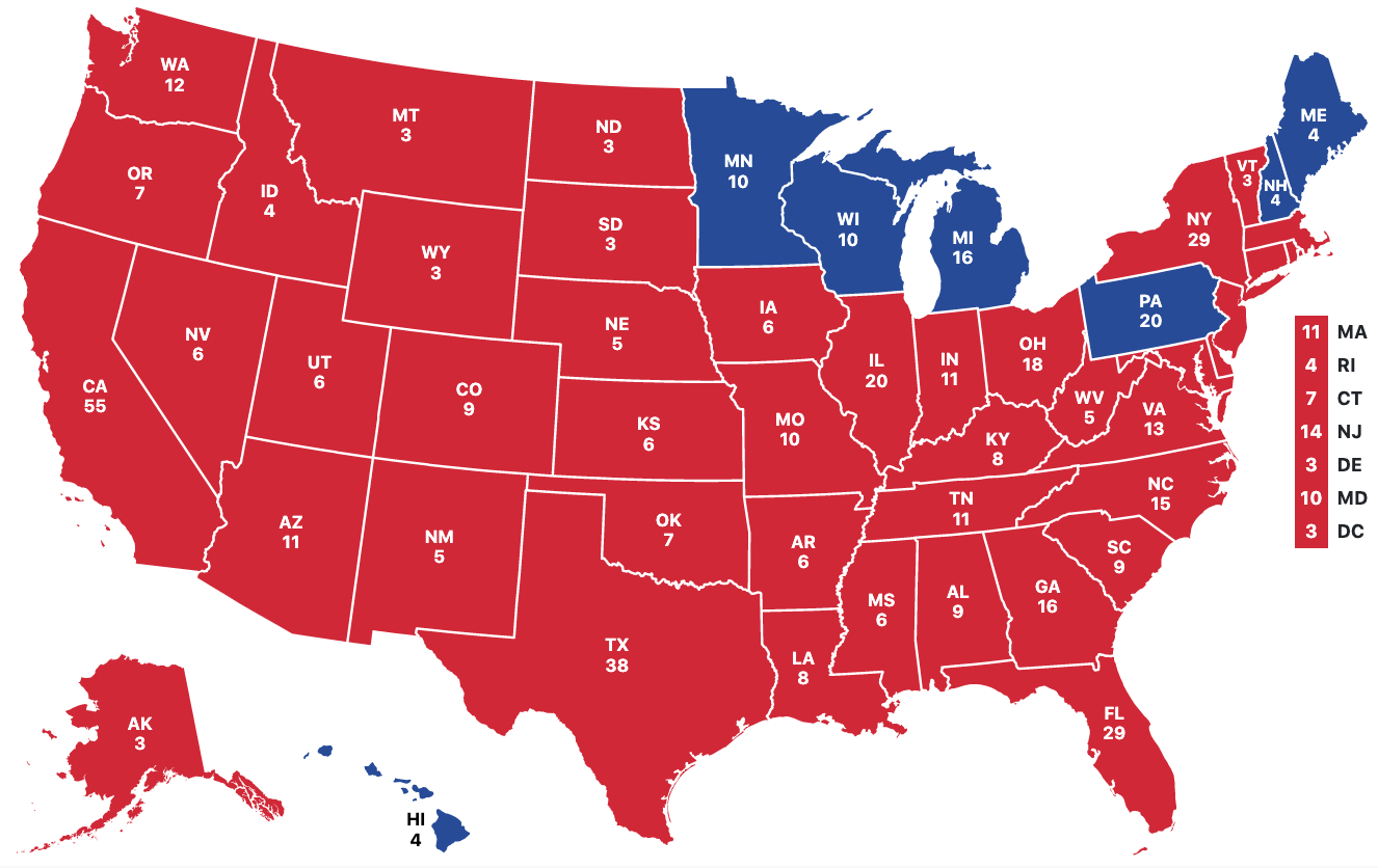 John Kerry wins only
seven states, namely Hawaii, Minnesota, Wisconsin, Michigan, Pennsylvania, Maine, and New Hampshire, along with Washington,
DC