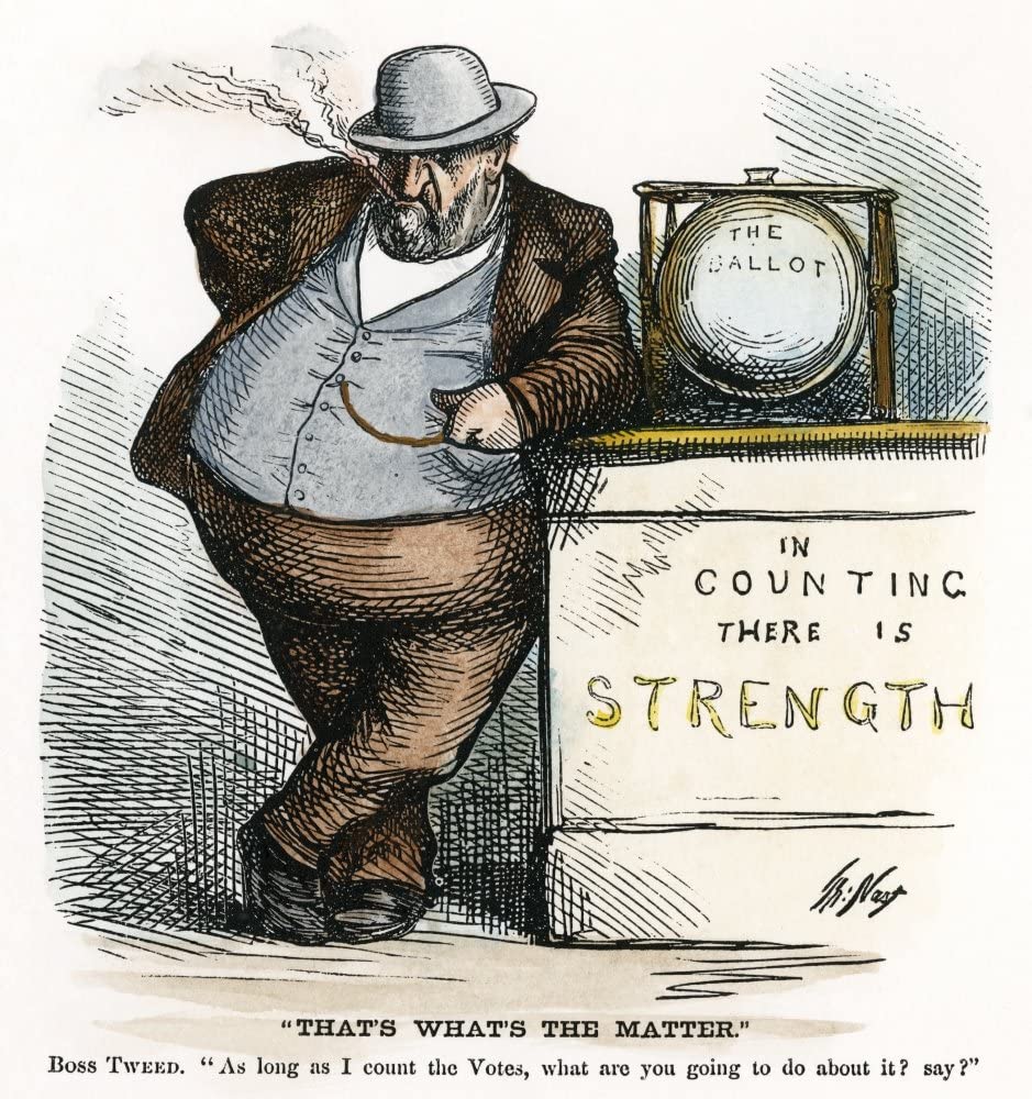 The cartoon shows a
shady-looking guy, clearly Boss Tweed, standing next to a ballot box. The ballot box is sitting on a platform or table
that is engraved 'in counting there is strength.'